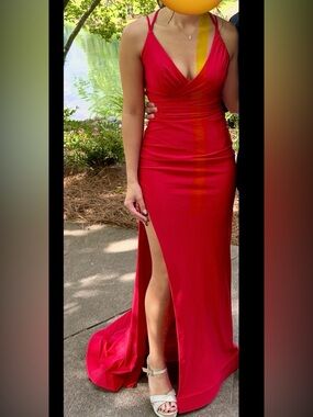Rachel Allan Red V-Neck Strappy Prom Gown